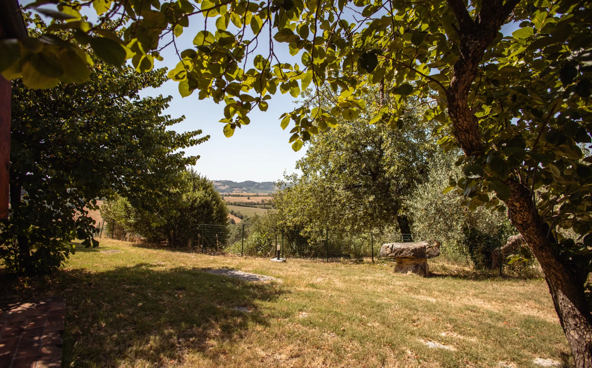 Vista di un giardino ombreggiato con alberi e un paesaggio collinare sullo sfondo.