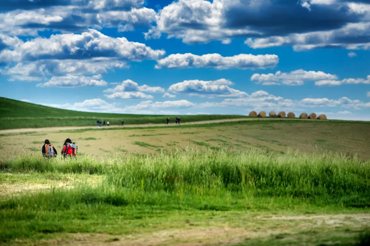 Due persone sedute su un prato verde con un cielo nuvoloso sullo sfondo.