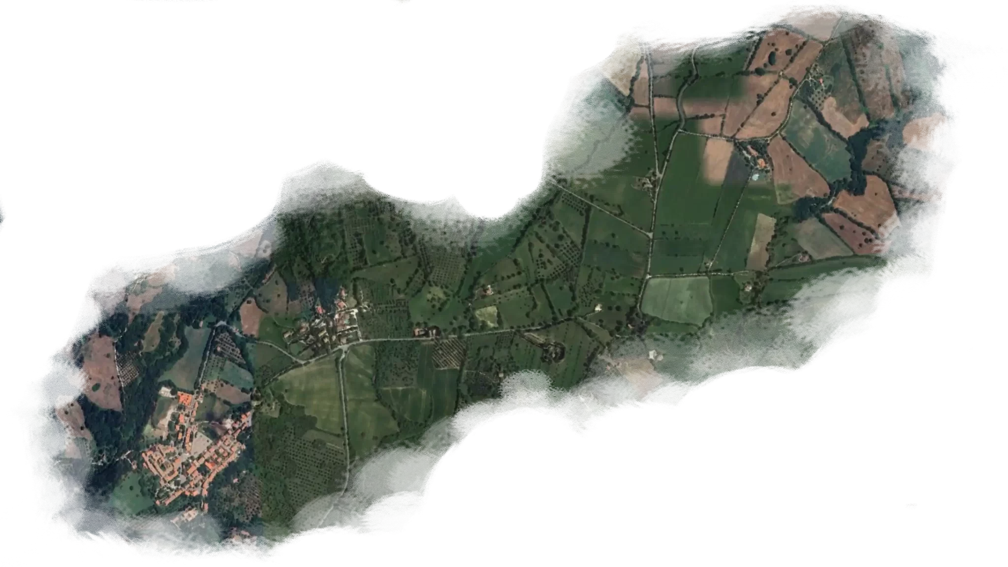 Vista aerea di un paesaggio rurale con campi agricoli e aree alberate.