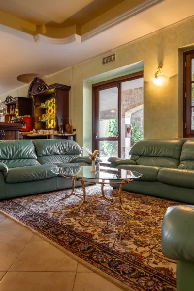 Ampio salotto con divani verdi, tappeto decorativo e area bar sullo sfondo.