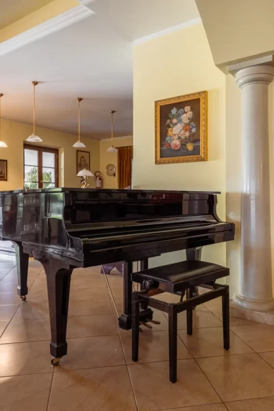 Interno di un elegante salotto con un pianoforte a coda nero e quadri alle pareti.